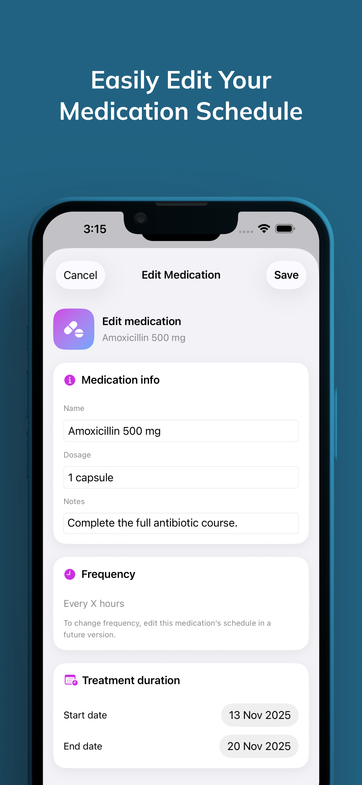 Edit medication schedule in Dosetta